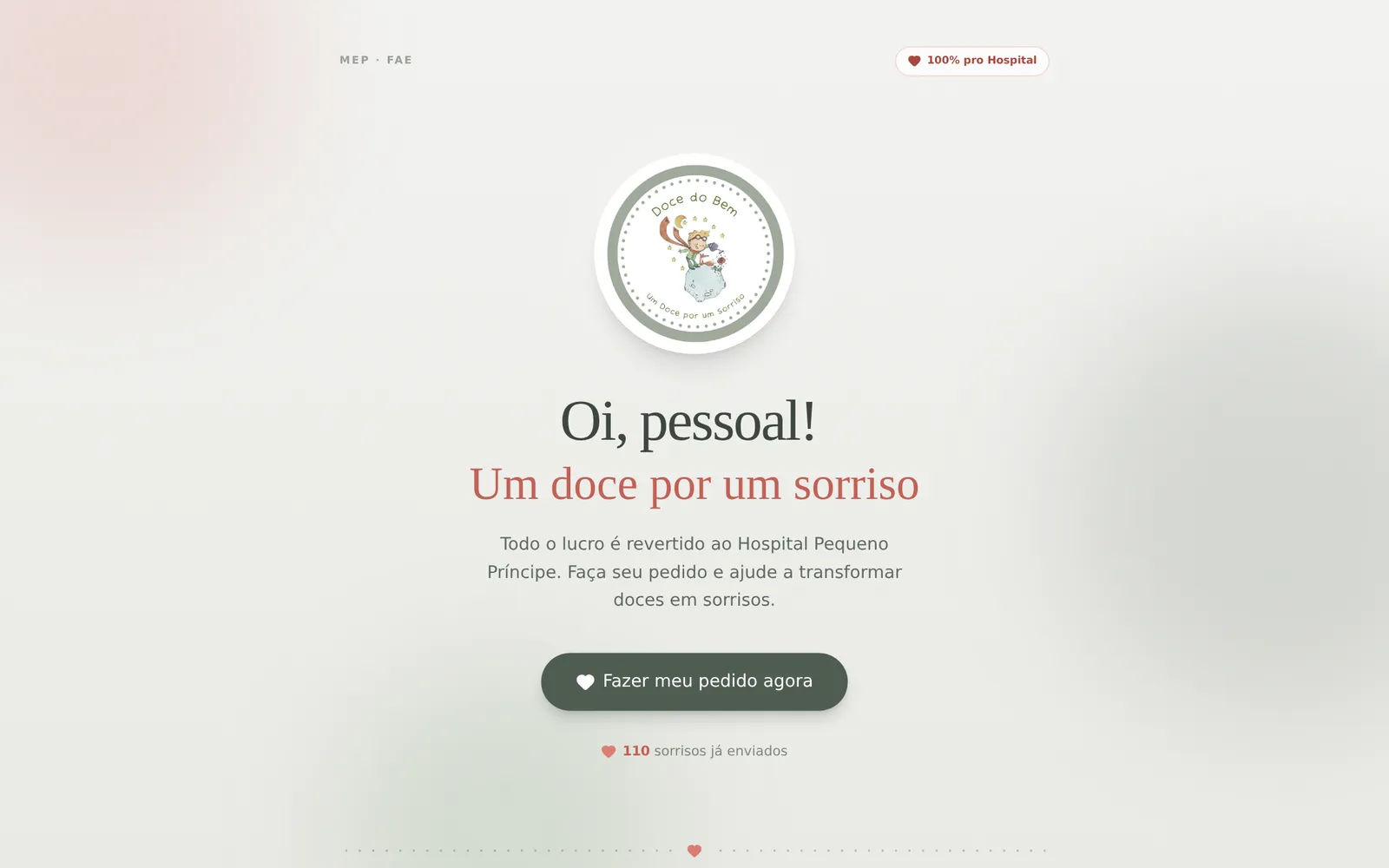 Abertura da loja Doce do Bem: “Oi, pessoal! Um doce por um sorriso”, com o logo e o botão “Fazer meu pedido agora”.